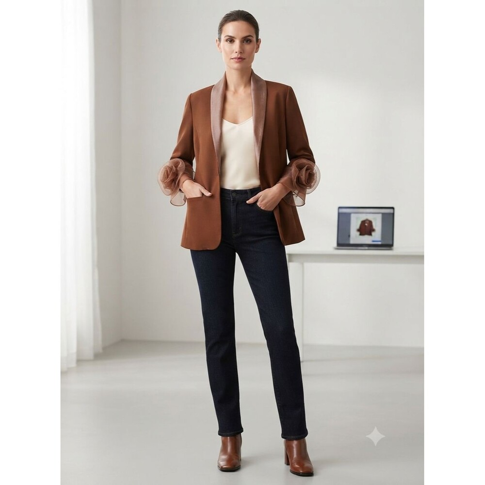 Siasia Brown Jacket Sz 6 Open Front 3/4 Sleeve Flower Detail Vintage NWOT